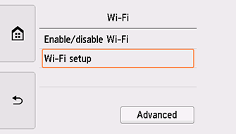 Wi-Fi screen: Select Wi-Fi setup