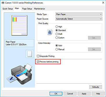 figure:Preview before printing check box on the Main tab