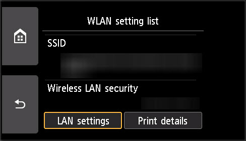 WLAN setting list screen: Select LAN settings