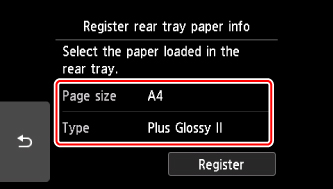 Page size and type selections made on screen