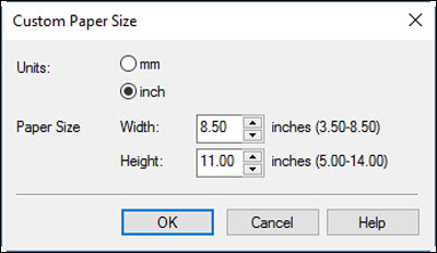 Specify the Unit and then the paper Width and Height