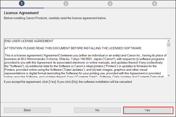 License Agreement screen, Yes button outlined in red