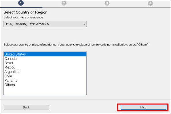 Select Country or Region. Next button outlined in red
