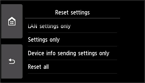 Reset settings screen
