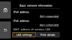Basic network information screen: Select LAN settings