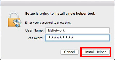 Enter your user name and password, then click Install Helper (outlined in red)