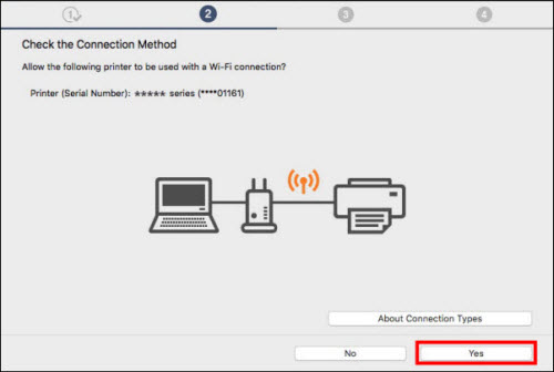 Verify the printer and serial number shown, then click Yes (outlined in red)