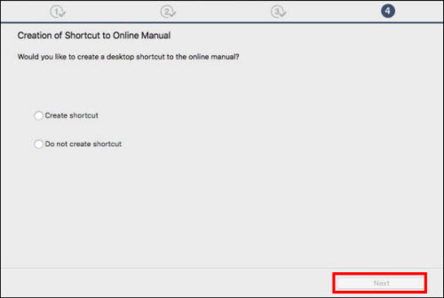 Select whether or not to create a shortcut to the online manual, then click Next (outlined in red)
