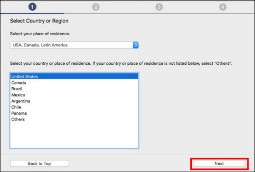 Select your country or place of residence, then click Next (outlined in red)