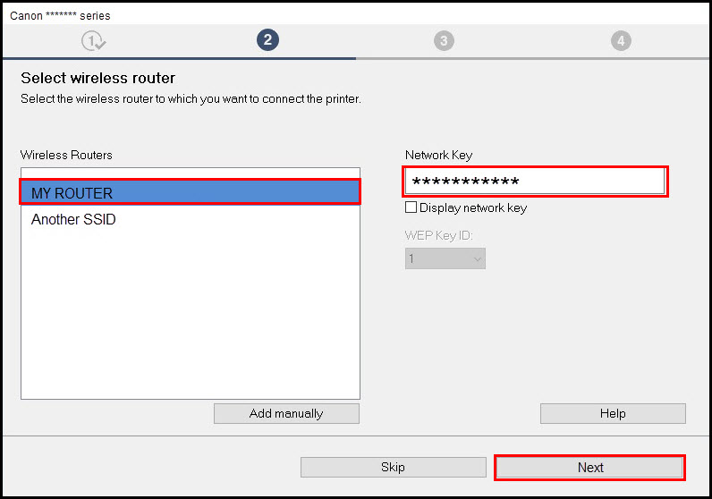 Select wireless router screen: (Select your router from the list, enter the network key (password), then click Next (outlined in red)