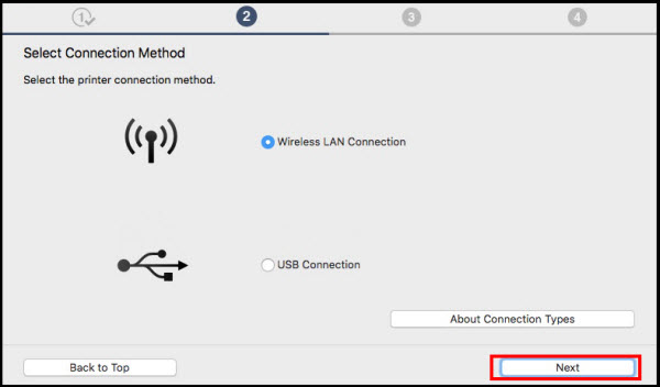 Select Wireless LAN Connection on the Select Connection Method screen. 