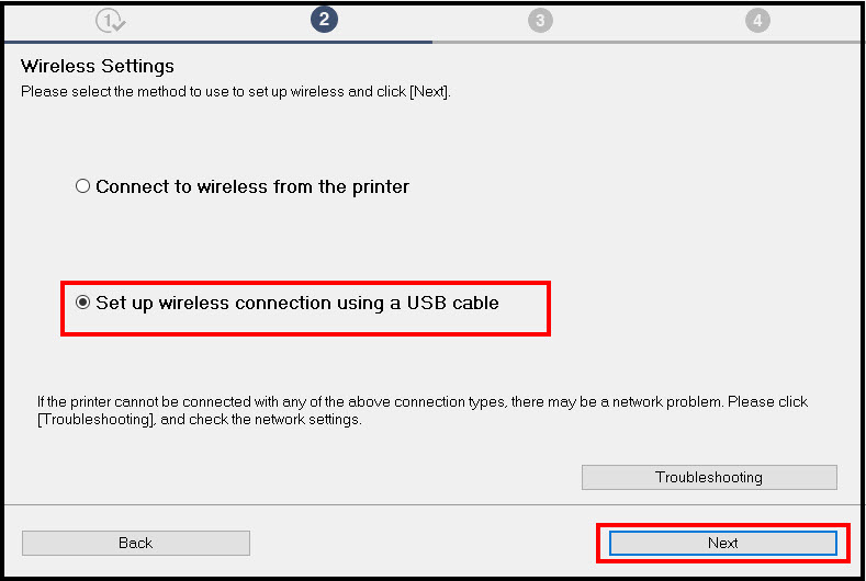 Select Set up wireless connection using a USB cable, and then choose Next.