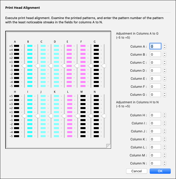 Print Head Alignment window shows values entered in columns A-N (values taken from the print pattern sheet)