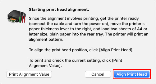 Starting print head alignment with Print Alignment Value and Align Print Head buttons displayed