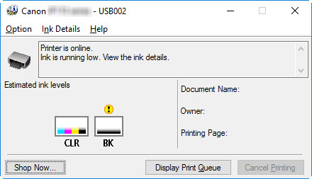 Windows status monitor displays Ink is running low message