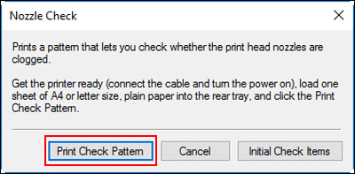 Nozzle Check window: Print Check Pattern button outlined in red