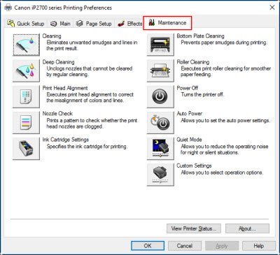 Printing Preferences window: Maintenance tab outlined in red