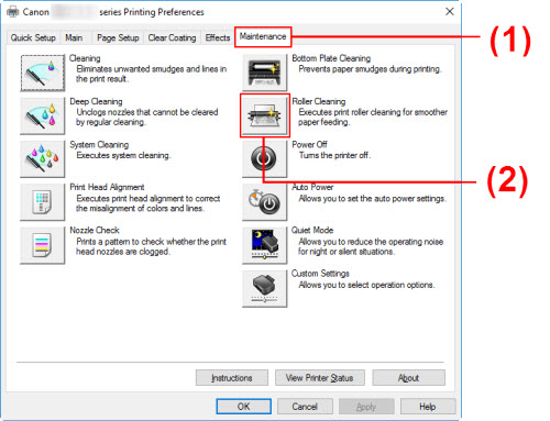 Roller Cleaning selected from maintenance tab in Printing Preferences window