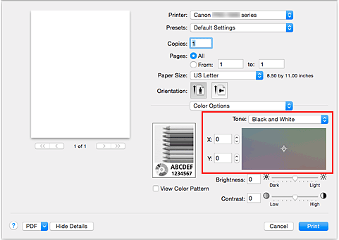 figure:Tone of Color Options in the Print dialog