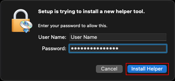 Enter your computer's password, then click Install Helper (outlined in red) to proceed