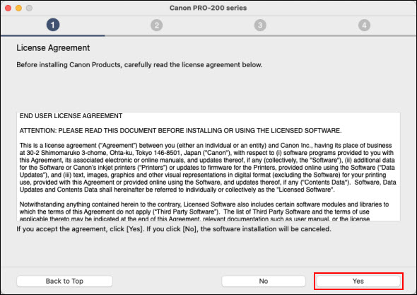 Click Yes (outlined in red) to proceed. If you click No, the installer will not proceed