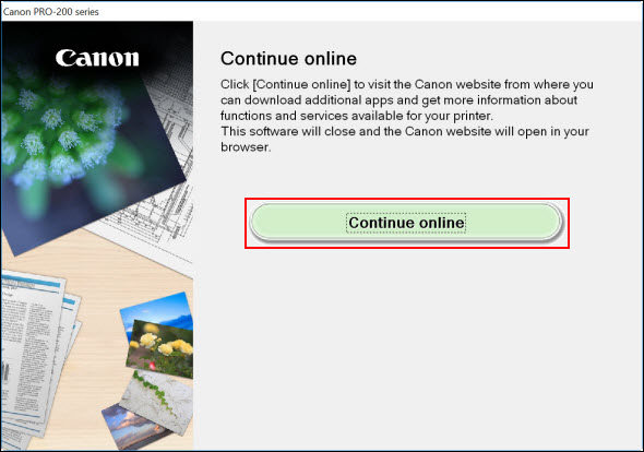 Click Continue online (outlined in red) to close the installer