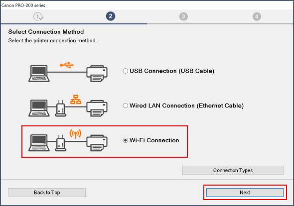 Select Wi-Fi Connection (outlined in red), then click OK (outlined in red) to continue