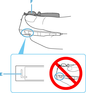 Hold the ink tank with the orange protective cap (F) pointing up while being careful not to block the L-shape air hole (E)