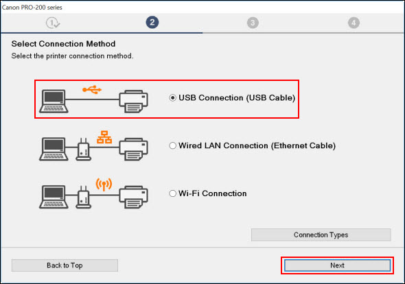 Select USB Connection (outlined in red), then click OK (outlined in red) to continue