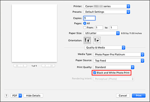 figure:Black and White Photo Print check box under Quality & Media in the Print Dialog