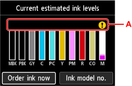 A symbol will appear in area A (outlined in red) if there is important information regarding the ink
