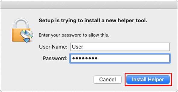 Enter your computer's password, then click Install Helper (outlined in red)