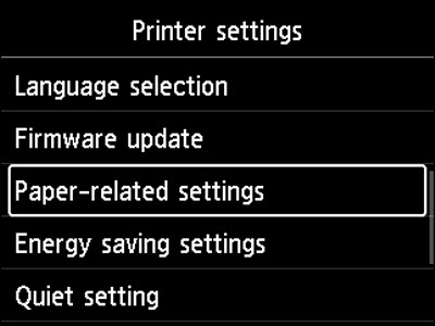Figure: Printer settings screen, Paper-related settings selected
