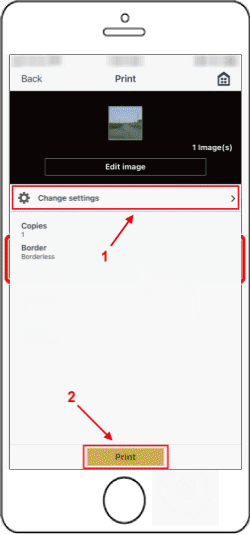 Tap Change settings (outlined in red) or Print (outlined in red)