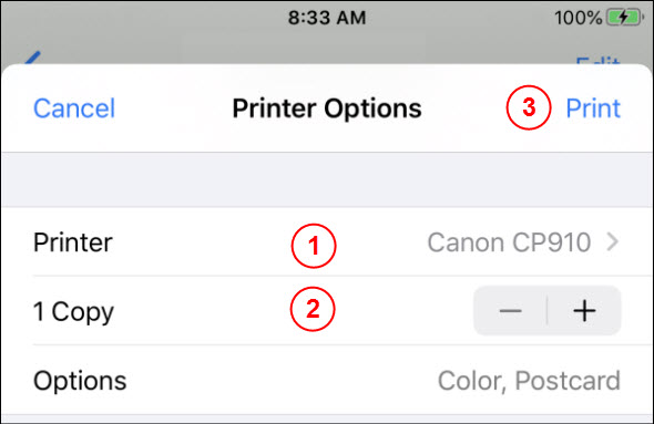 iPhone: Choose the printer, the number of copies, then tap Print