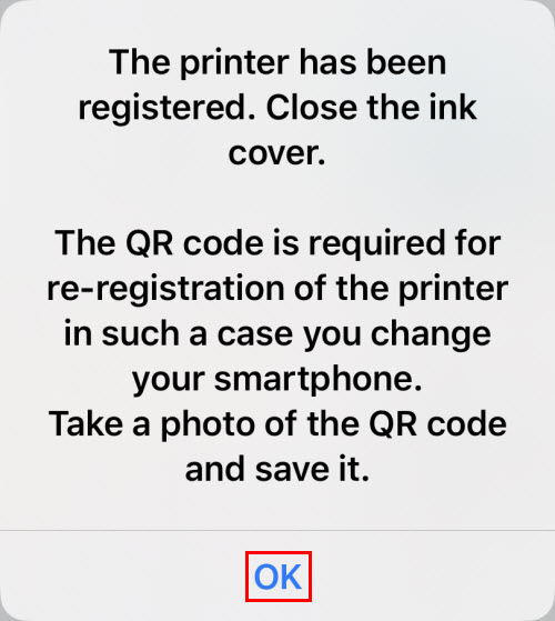 After the printer has been registered with the app, tap OK (outlined in red)