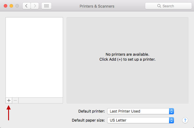 macintosh OS Add Printers and Scanners window