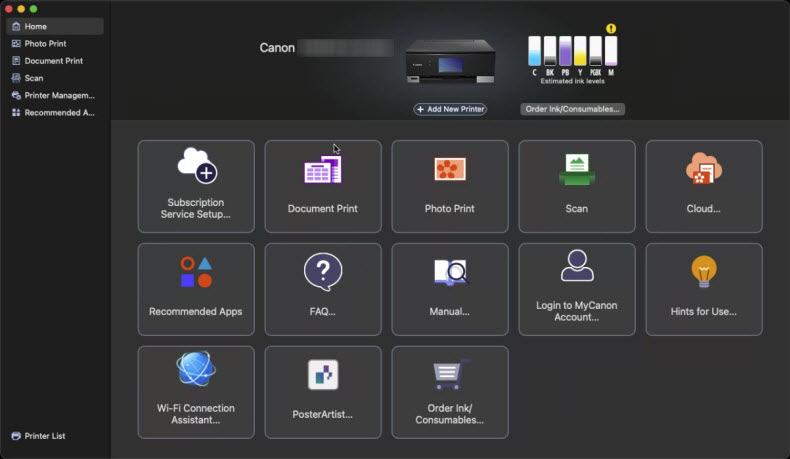 Main screen of Canon Inkjet Smart Connect