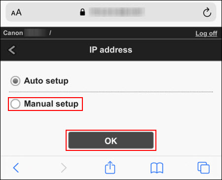 Tap Manual setup (outlined in red), then tap OK (outlined in red)