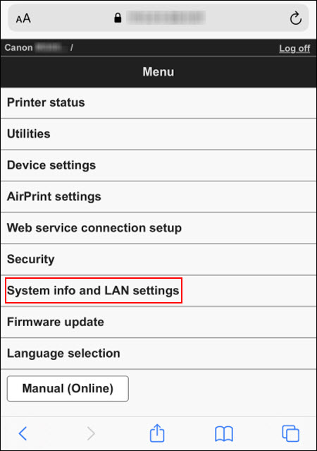 Tap System info and LAN settings (outlined in red)