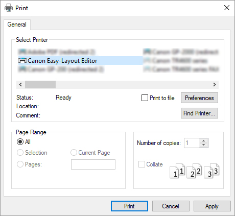 Print dialog box with Canon Easy-Layout Editor selected