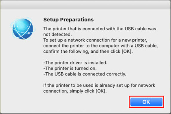 Connect the printer to the computer with a USB cable and click OK (outlined in red)