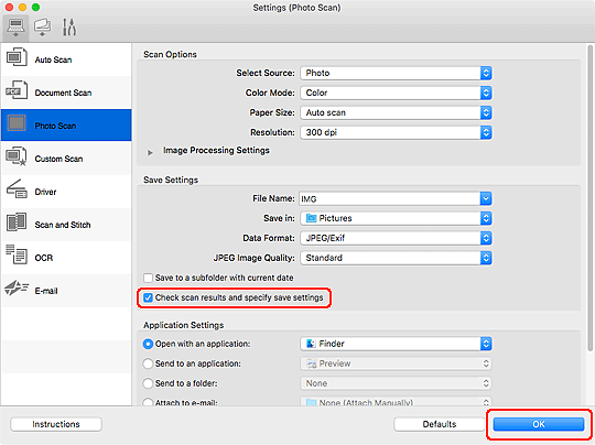 Select Check scan results and specify save settings checkbox, and then click OK (outlined in red)