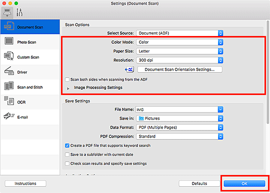 Set the color mode, document size, and scanning resolution as required, then click OK (outlined in red)
