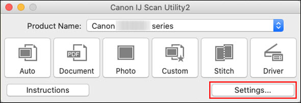 figure: IJ Scan Utility, Settings button highlighted