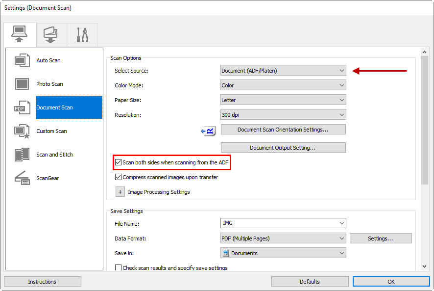 Image of Settings (Document Scan) with checkbox highlighted