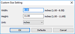 Custom Size Setting dialog box