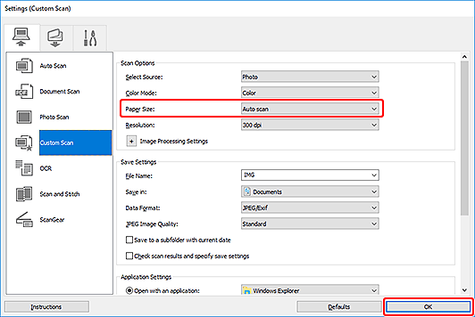 Select Auto scan in the Paper Size drop-down menu (outlined in red)