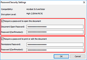 Select the Require a password to open the document or the Require a password to print or edit the document checkbox (both outlined in red)