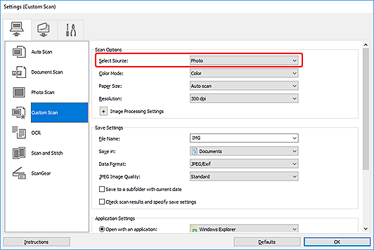 Specify the source via the Select Source drop-down menu (outlined in red)